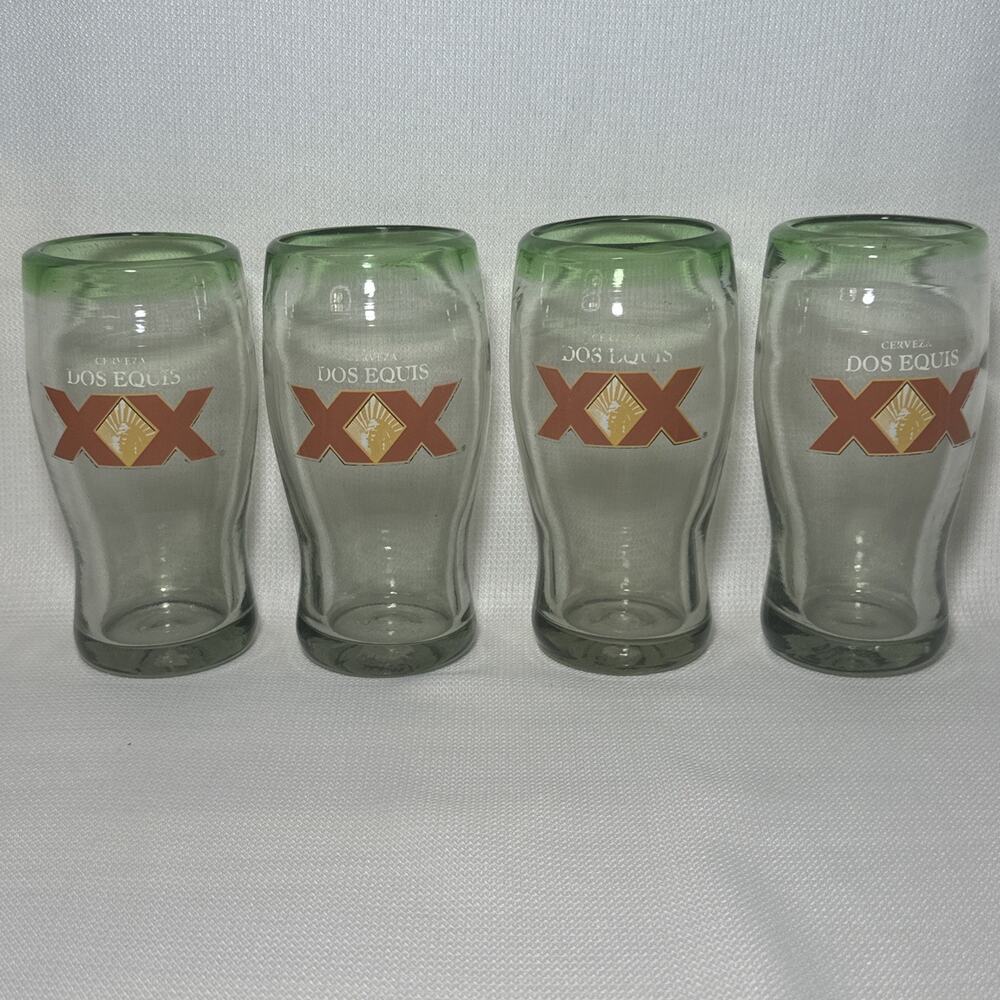 Dos Equis XX Hand Blown Beer Glasses Heavyweight Thick Bubbles Green Rim Set 4